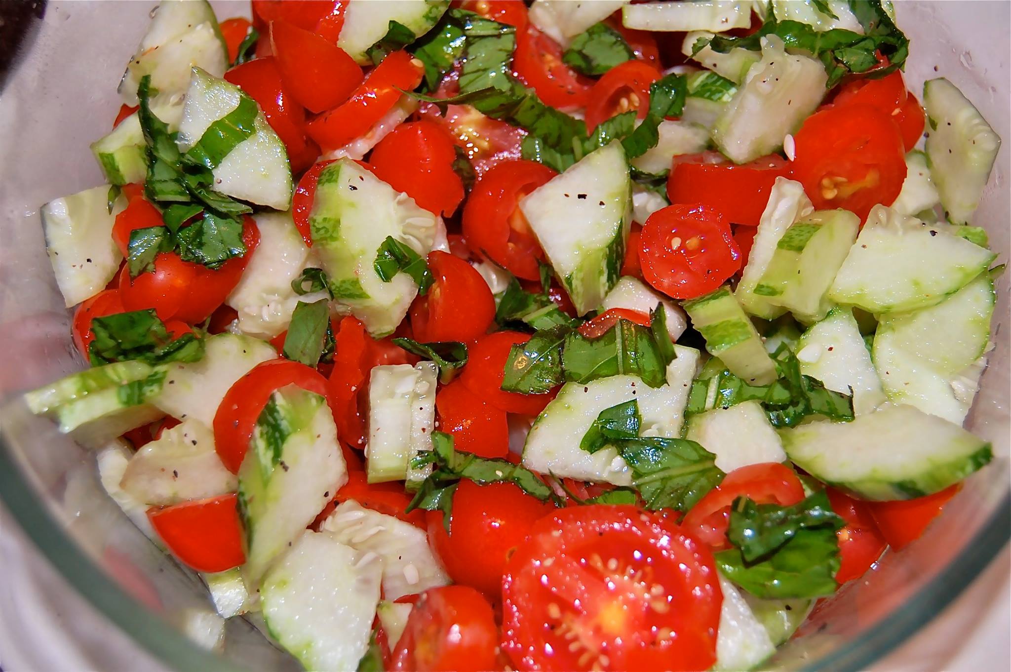 Cucumber Tomato and Basil Balsamic Salad